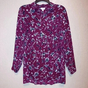 J. Jill Tunic Top Womens XS Burgundy Black Gray Floral Button Up Pleated Back